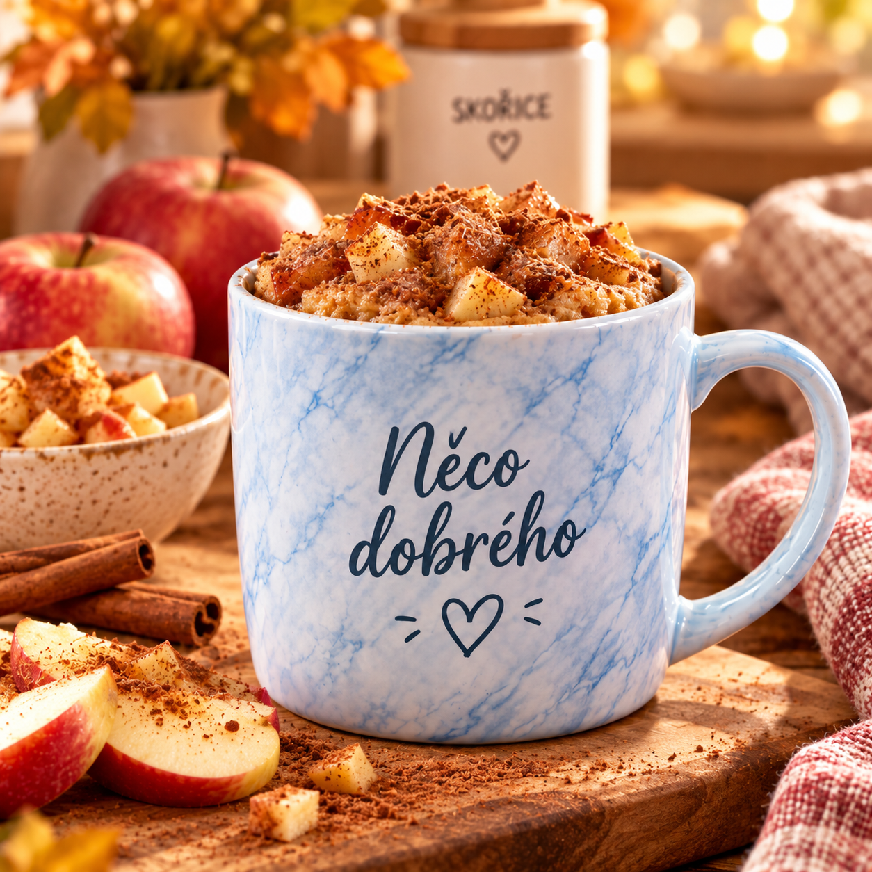 Jablečno-skořicový mug cake v modrém mramorovaném hrnku