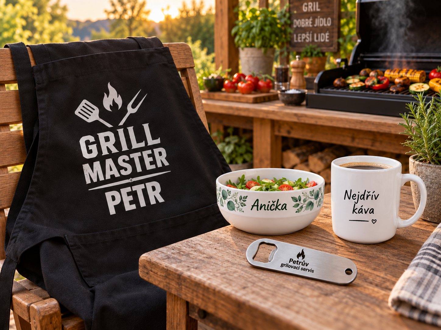 Černá kuchyňská zástěra Grill Master Petr, personalizovaný otvírák a hrnek