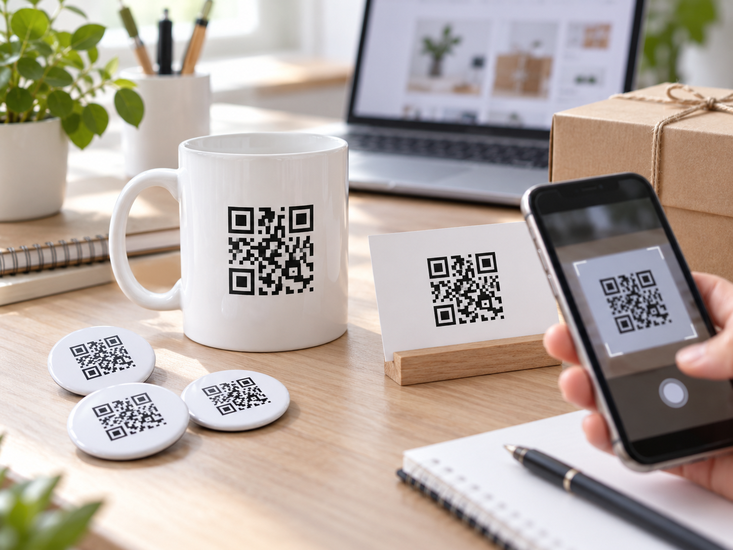 Bílý firemní hrnek a propagační předměty s QR kódem při skenování telefonem