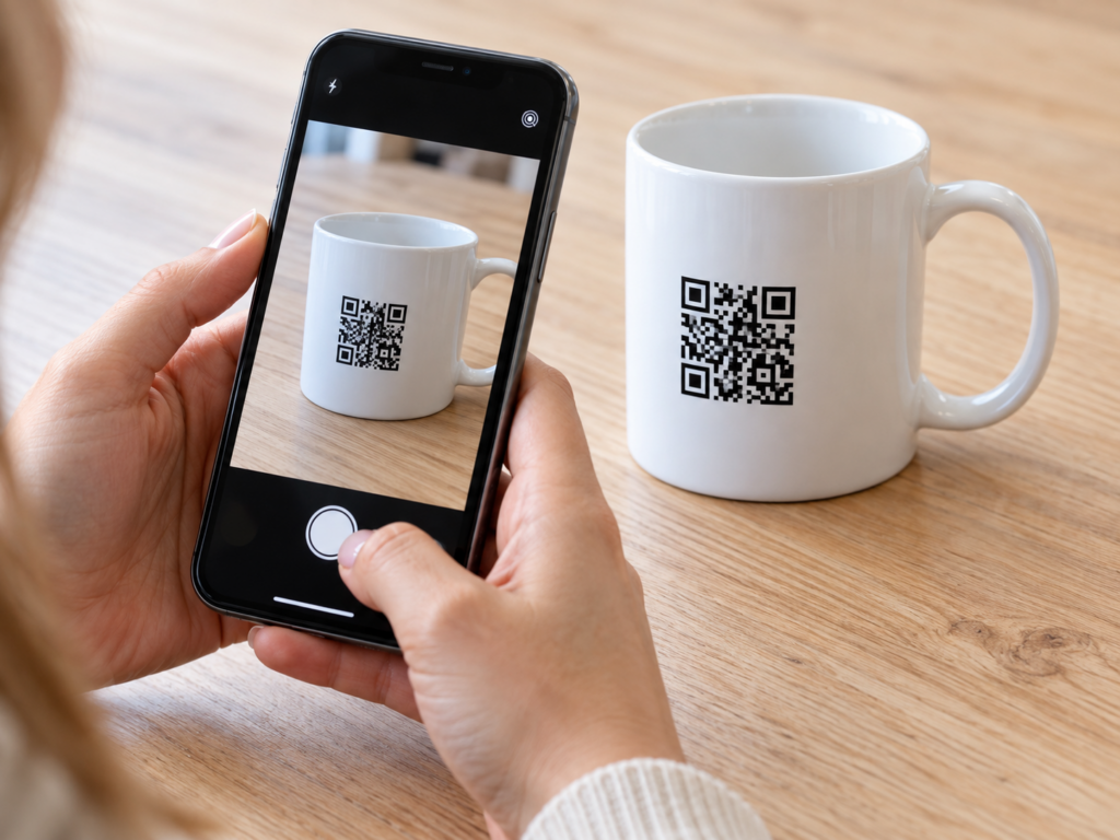 Kontrola QR kódu na hrnku před objednávkou