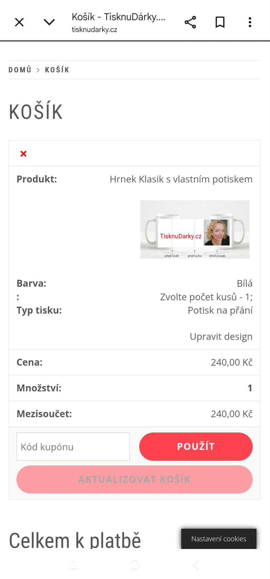 Mobilní košík s náhledem vlastního návrhu