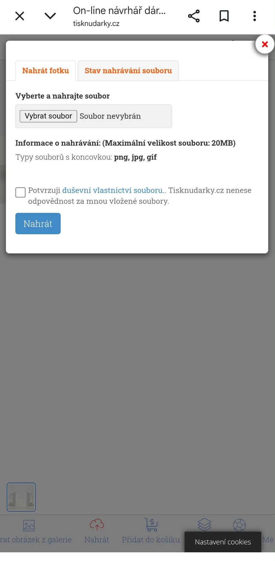 Mobilní dialog pro nahrání vlastní fotografie