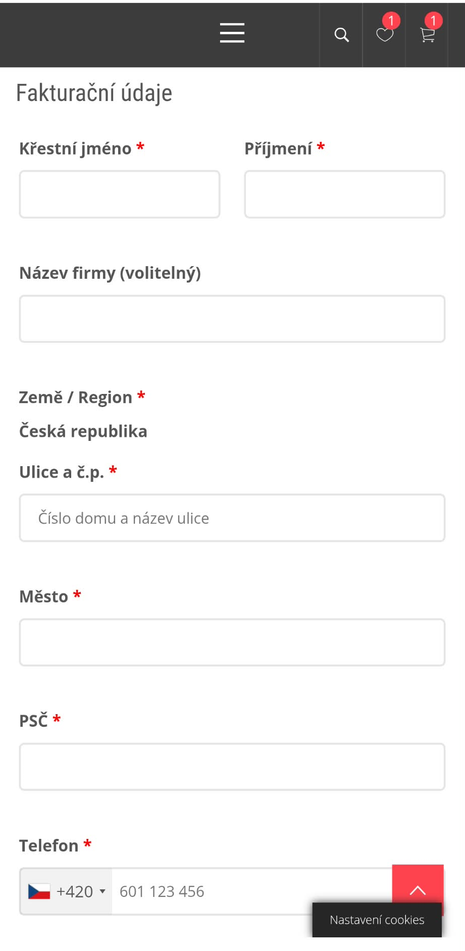 Mobilní pokladna s prázdnými fakturačními údaji