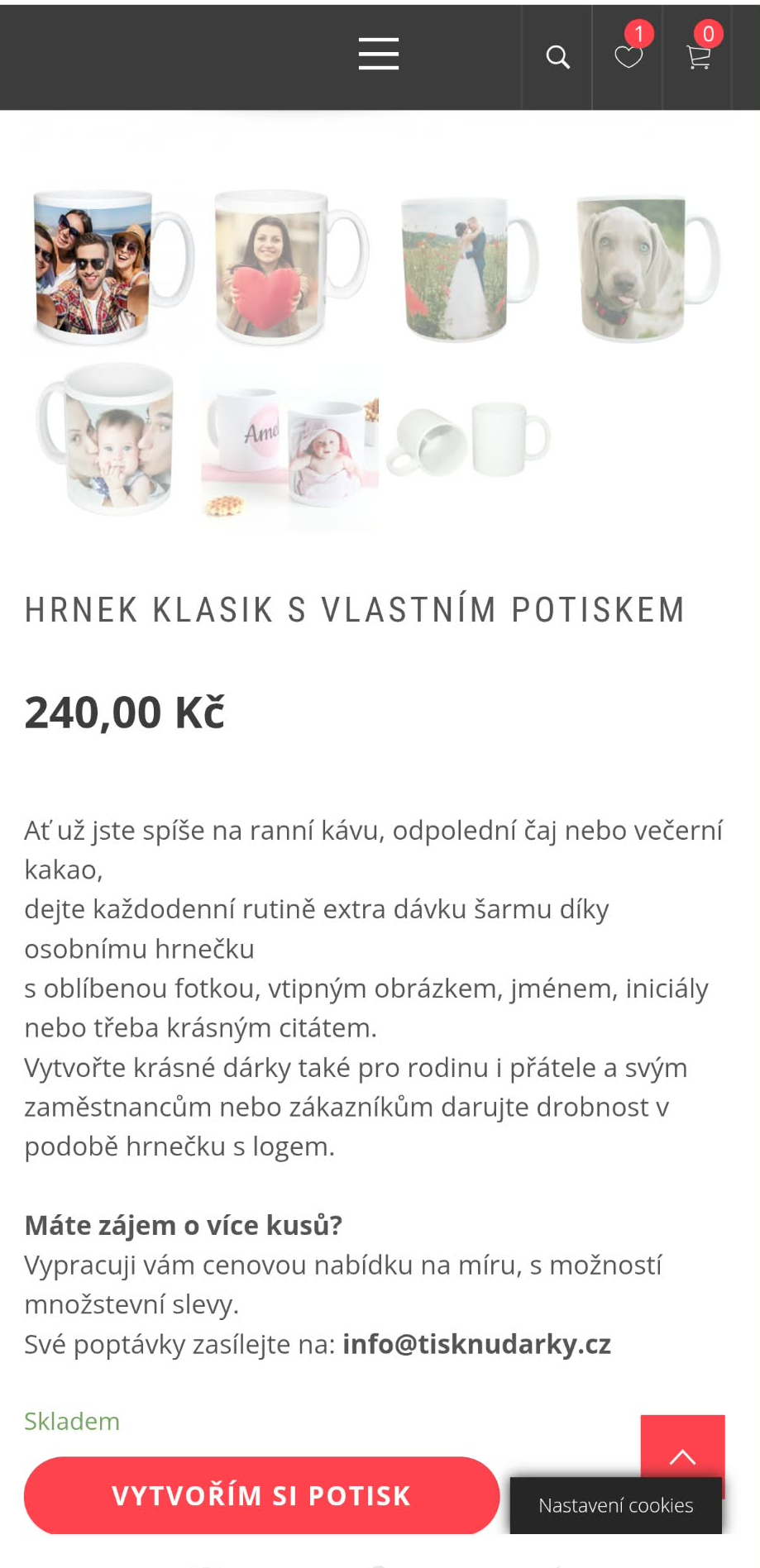 Mobilní produktová stránka s tlačítkem VYTVOŘÍM SI POTISK