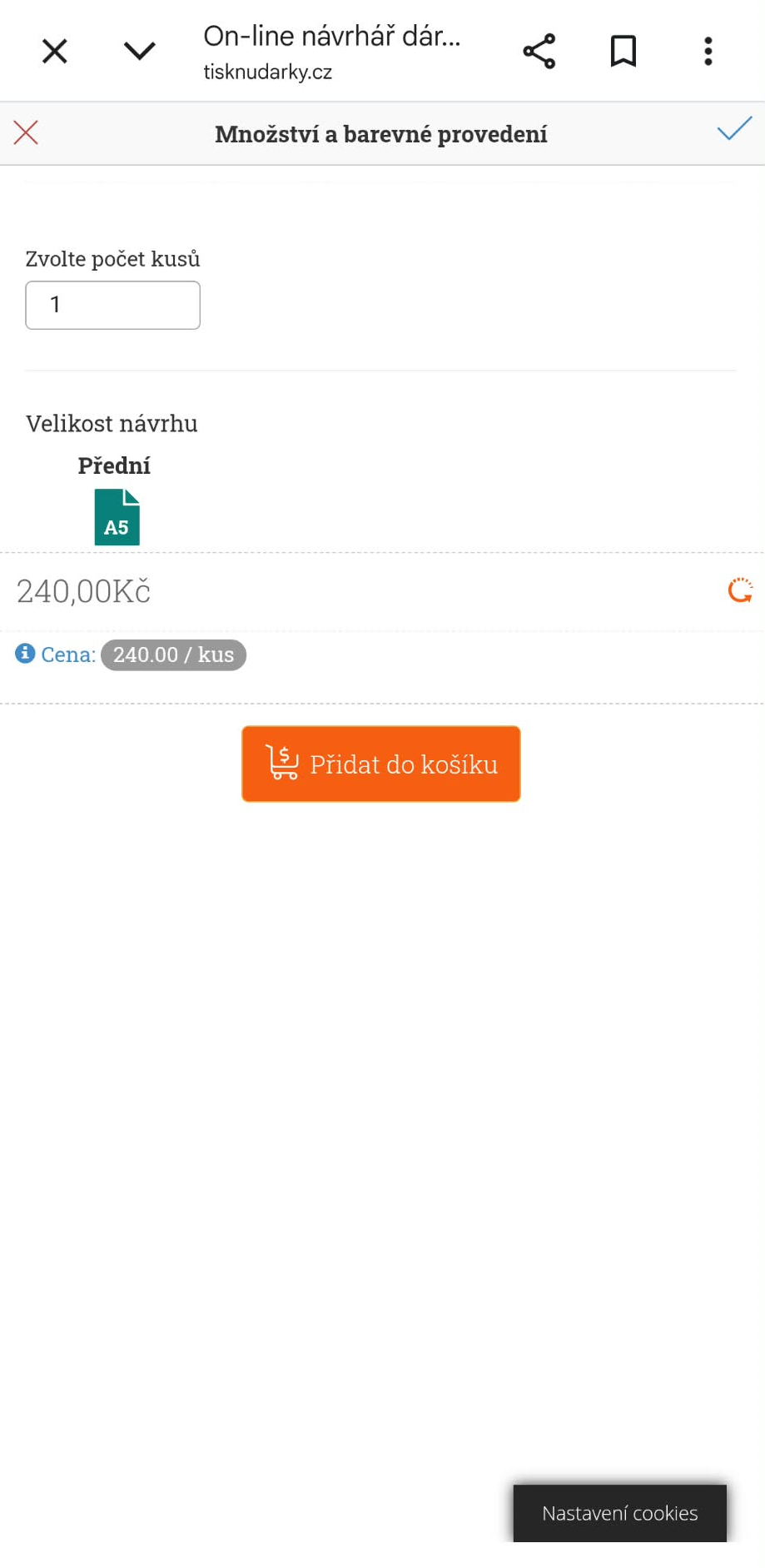 Mobilní návrhář s volbou počtu kusů a tlačítkem Přidat do košíku
