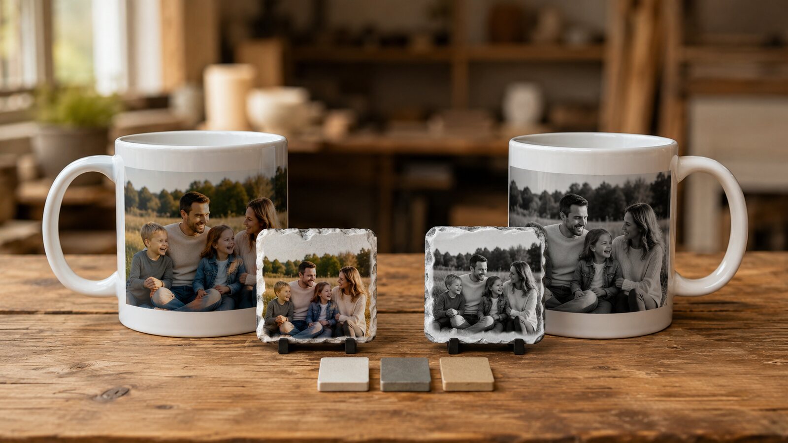 Porovnání barevné a černobílé fotografie na hrnku a fotokameni
