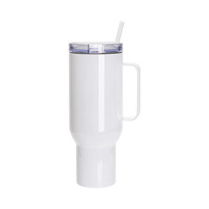 Bílý nerezový cestovní hrnek 1200 ml s kovovým uchem, víčkem a brčkem pro vlastní potisk
