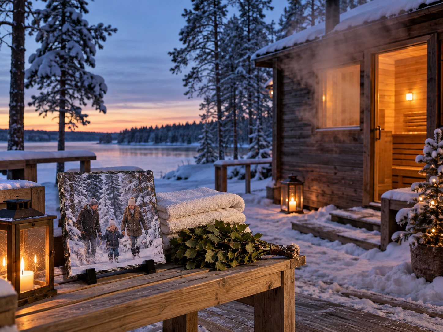 Finská vánoční sauna v zasněžené krajině s rodinným foto kamenem
